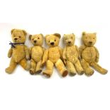 Five English teddy bears 1930s-1950s including three Chiltern