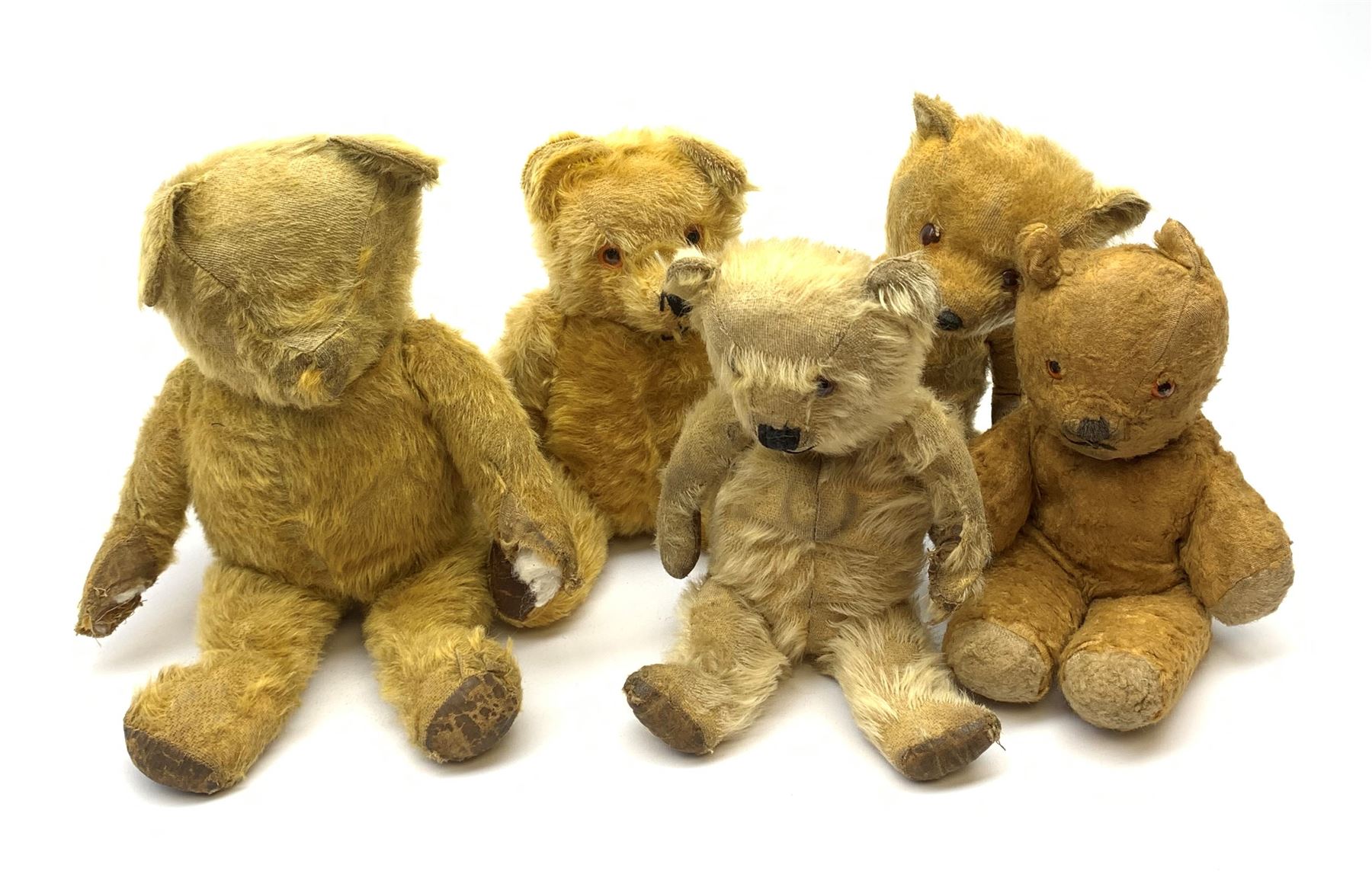 Five British teddy bears 1930s-50s including Irish Tara bear with swivel jointed head