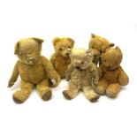 Five British teddy bears 1930s-50s including Irish Tara bear with swivel jointed head