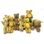 Nine English teddy bears 1950s-60s including wood wool filled Pedigree bear with swivel jointed head