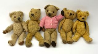 Five English teddy bears 1930s-50s including Chad Valley with swivel jointed head