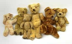 Six English teddy bears 1930s-50s including cinnamon coloured nightdress case