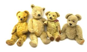 Four English teddy bears 1930s-50s including Chiltern bear with swivel jointed head