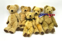 Five English teddy bears 1940s-50s including Pedigree with swivel jointed head