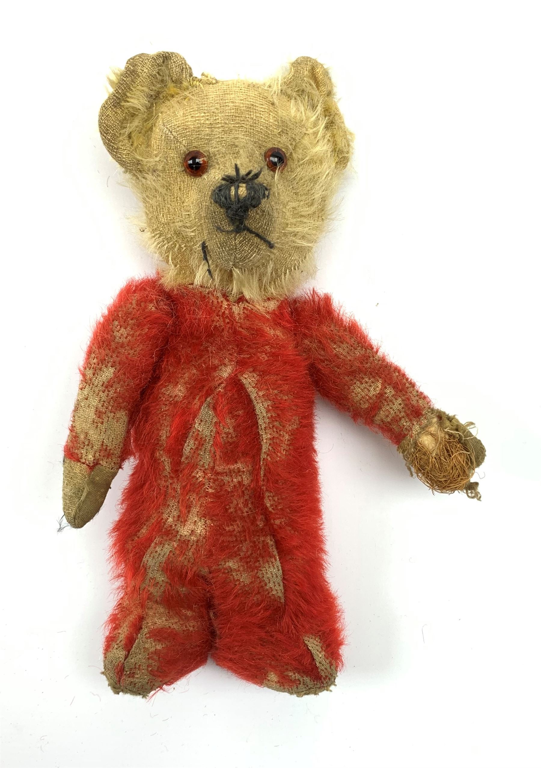 Chad Valley Rainbow Tubby or clown bear c1930s with wood wool filled red mohair body