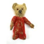 Chad Valley Rainbow Tubby or clown bear c1930s with wood wool filled red mohair body