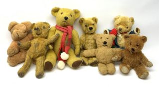 Seven English teddy bears 1950s-60s including Pedigree bear with swivel jointed head