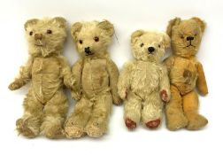 Four English teddy bears 1930s-50s including Pixie Toys bear with swivel jointed head