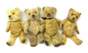 Four English small teddy bears 1930s-50s including three by Chiltern and one other