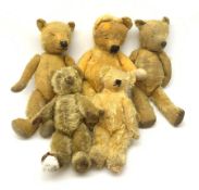 Five English teddy bears 1930s-50s comprising Merrythought