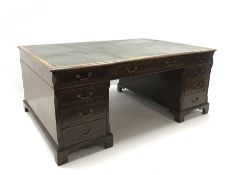 Large 20th century partners desk with dark green leather inset tooled top