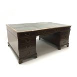 Large 20th century partners desk with dark green leather inset tooled top