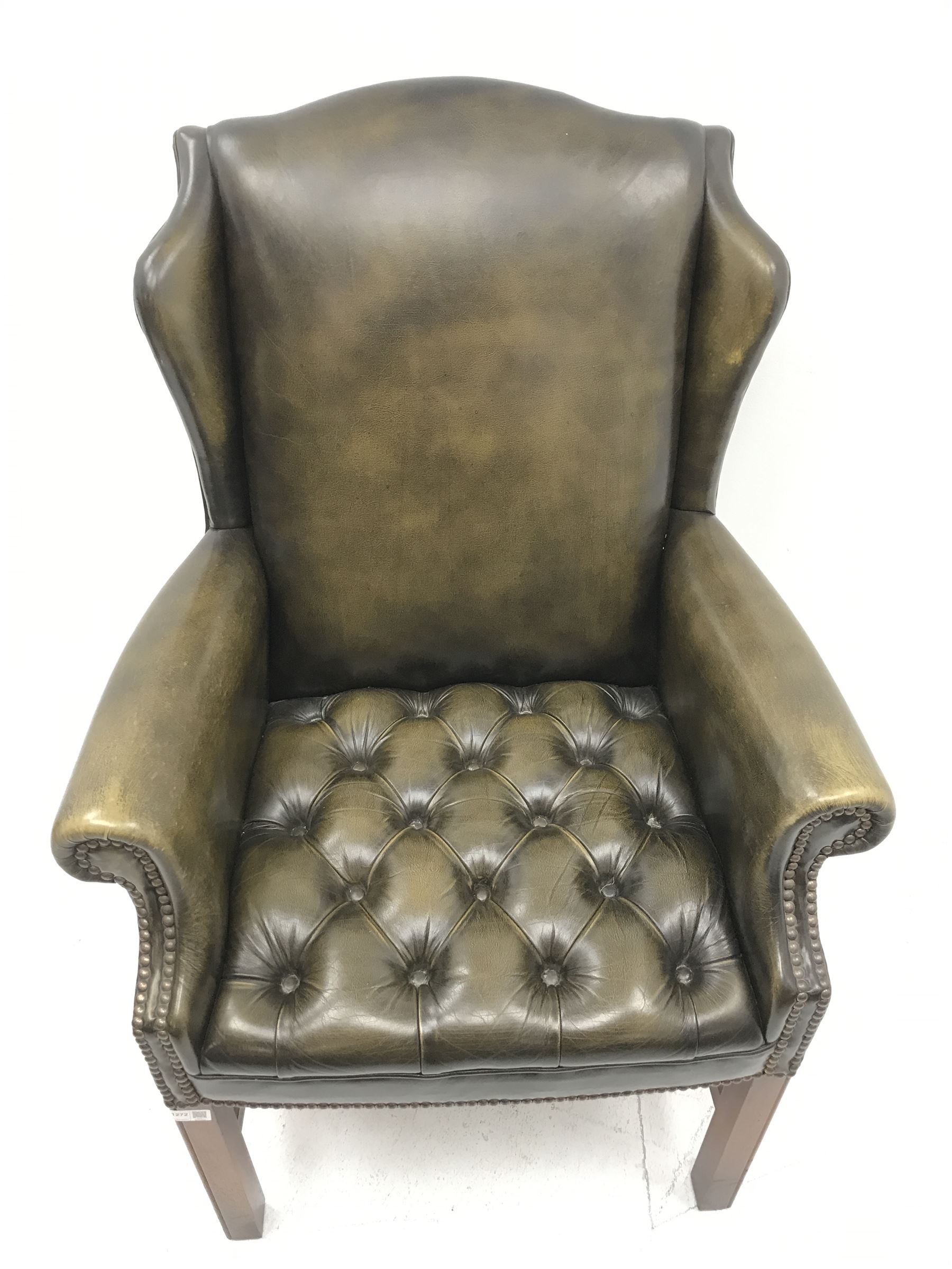 Georgian style wing back armchair upholstered in deep buttoned and studded green leather - Image 2 of 4