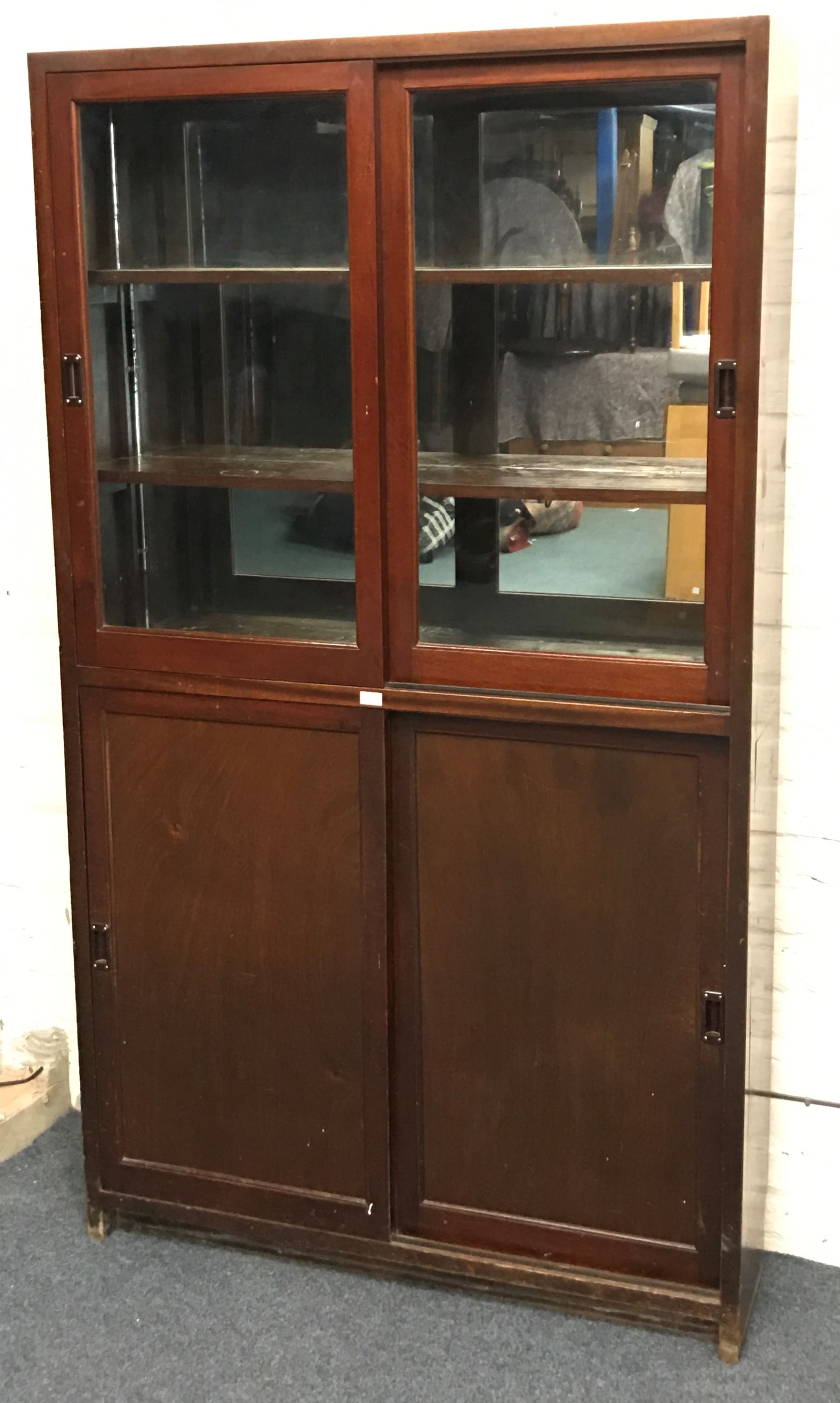 20th century pine mirror back display cabinet with sliding glass doors revealing two shelves - Image 2 of 5