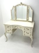 Late 20th century French style white and gilt dressing table raised triple mirror back