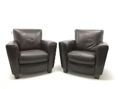 Pair armchairs upholstered in brown leather