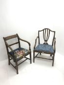 19th century mahogany armchair upholstered seat (W57cm) and an elbow chair with drop in seat (2)