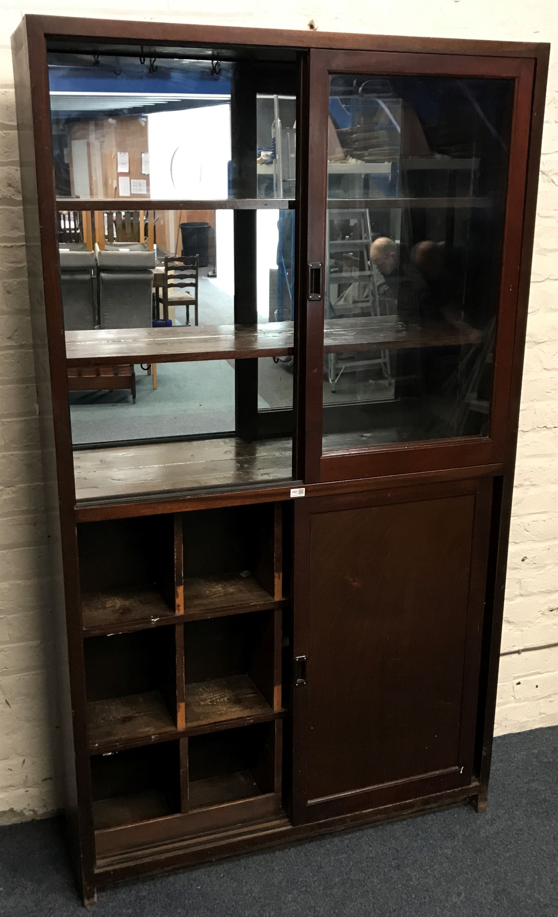 20th century pine mirror back display cabinet with sliding glass doors revealing two shelves - Image 3 of 5