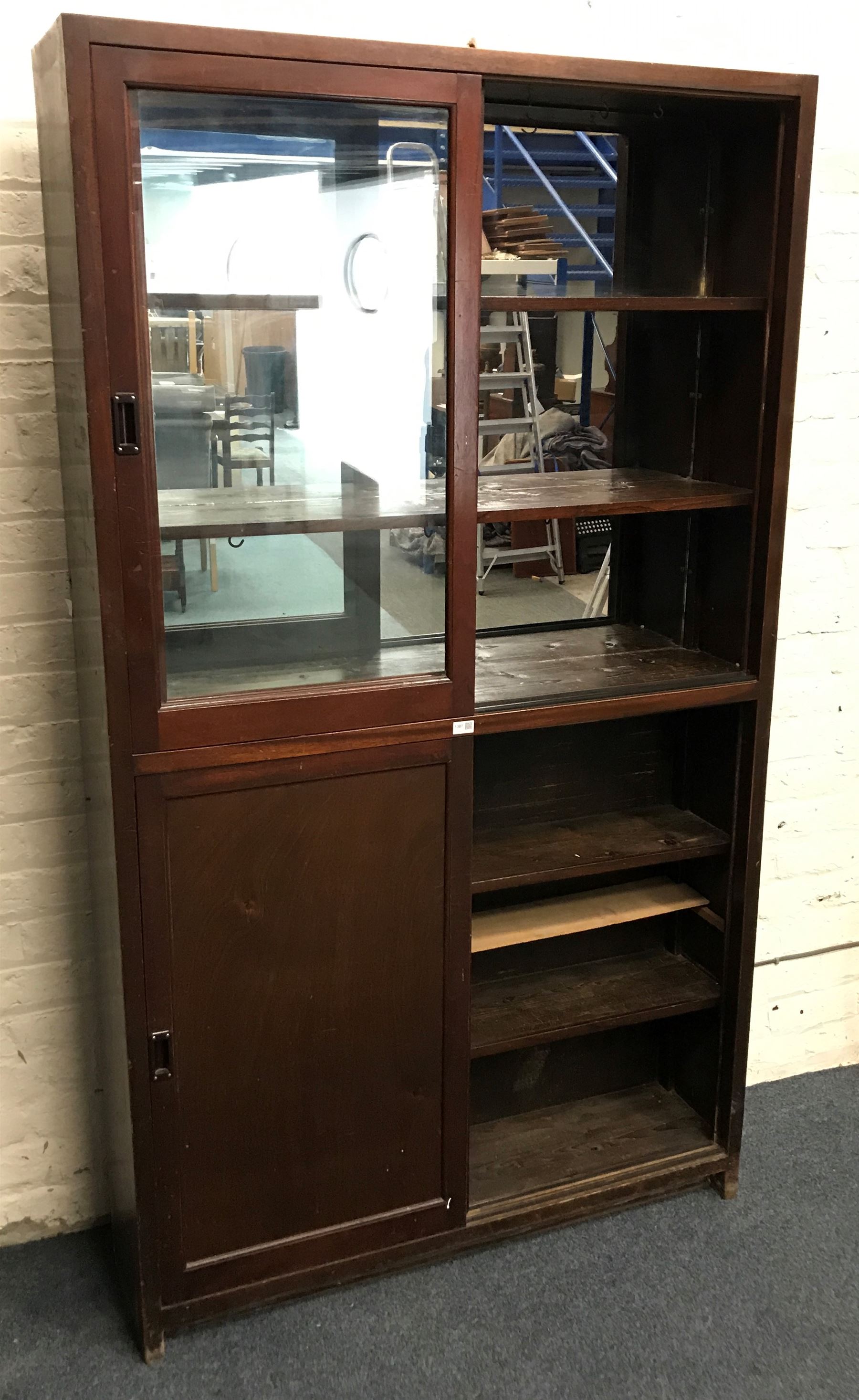 20th century pine mirror back display cabinet with sliding glass doors revealing two shelves - Image 4 of 5