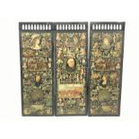 Late Victorian ebonised Golden Jubilee scrap work three piece screen