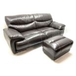 Three seat sofa upholstered in a brown leather (W215cm) a matching armchair (W118cm) and stool