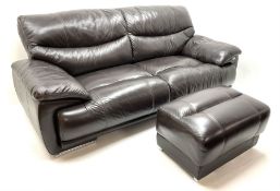 Three seat sofa upholstered in a brown leather (W215cm) a matching armchair (W118cm) and stool