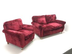 Two seat sofa (W166cm) and matching armchair (W92cm) upholstered in red velvet cover