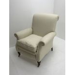 Victorian style scroll back armchair upholstered in cream fabric