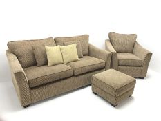 Three seat sofa upholstered in a woven effect beige fabric (W190cm) and matching armchair (W90cm) wi