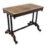 Victorian rosewood side table, rectangular top with rounded corners, four barley twist pillars on pl