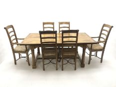 Teak and tile inset rectangular dining table. baluster supports joined by floor stretchers (W190cm