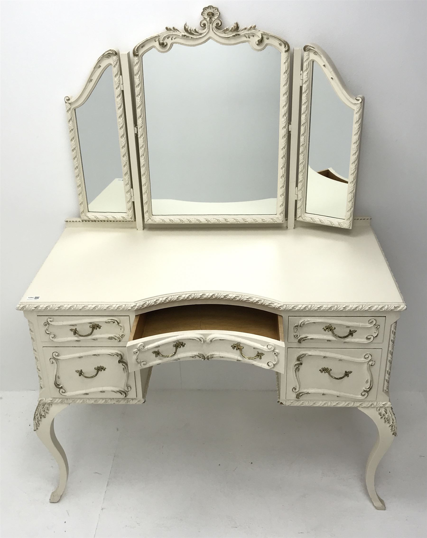 Late 20th century French style white and gilt dressing table raised triple mirror back - Image 3 of 4