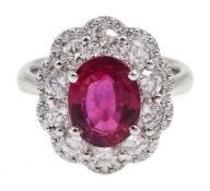 18ct white gold unheated oval ruby and round brilliant cut diamond cluster ring