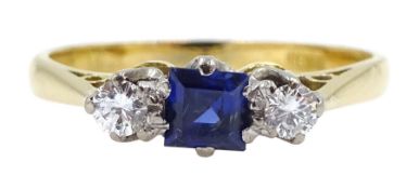 Gold square cut sapphire and diamond three stone ring