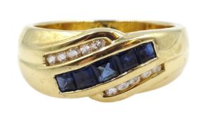 Gold square cut sapphire and round brilliant cut diamond