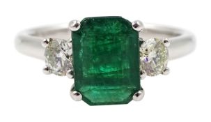 18ct white gold emerald and diamond three stone ring