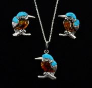 Silver Baltic amber and turquoise Kingfisher pendant necklace