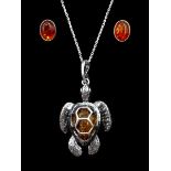 Silver Baltic amber turtle pendant necklace and pair of silver amber oval studs