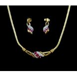 9ct gold ruby and diamond necklace and a pair of matching earrings