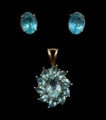 Pair of 9ct gold oval apatite stud earrings and a similar gold cluster pendant