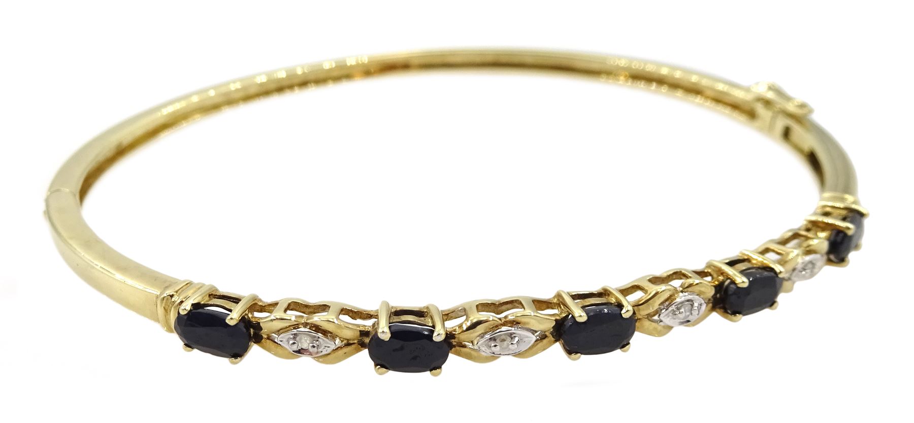 9ct gold diamond and oval sapphire hinged bangle