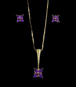 Pair of 9ct gold amethyst stud earrings and matching 9ct gold pendant
