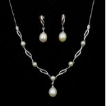 9ct white gold pearl and diamond necklace and matching earrings
