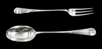 Pair of silver basting spoon and large three prong serving fork by A Haviland-Nye