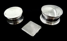 Silver circular jewellery box and larger box possibly for shaving both by A & J Zimmerman