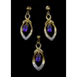 Pair of 9ct gold amethyst and diamond pendant earrings and matching pendant
