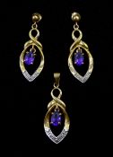 Pair of 9ct gold amethyst and diamond pendant earrings and matching pendant