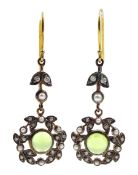 Pair of silver and gold diamond and peridot flower pendant earrings