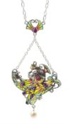 Silver plique-a-jour, amethyst, ruby and pearl Art Nouveau style necklace, stamped 925