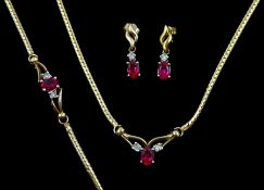 9ct gold pink stone and diamond necklace